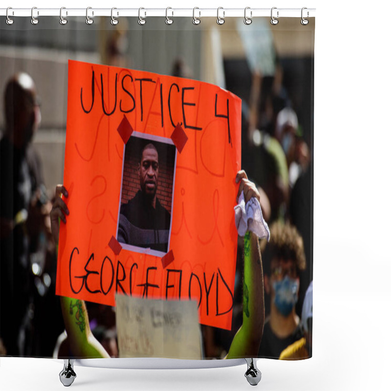 Personality  Miami Downtown, FL, USA - MAY 31, 2020: George Floyd Death: People Are Protesting And Rioting. Justice For George Floyd Poster. People Took To The Streets Against Cruelty. Shower Curtains