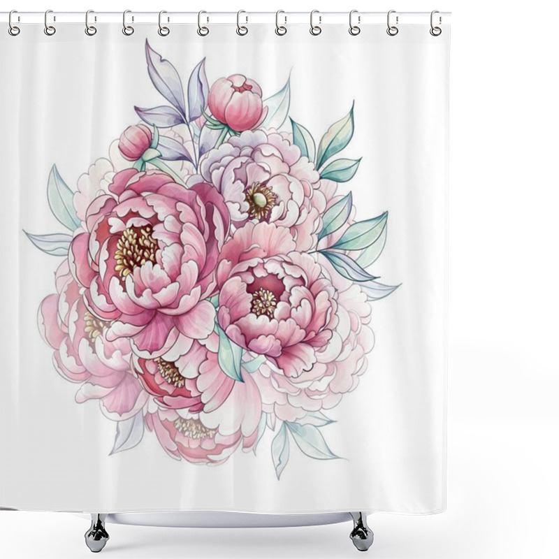 Personality  Soft Pink Peonies Bloom Vibrantly Among Lush Green Leaves, Capturing The Essence Of Springs Gentle Elegance Through Watercolor Artistry. Shower Curtains