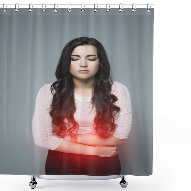 Personality  Woman Suffering From Stomach Ache With Red Painful Point, Isolated On Grey Shower Curtains