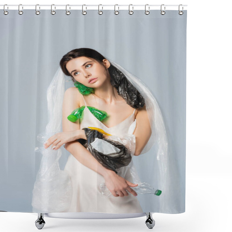 Personality  Woman With Plastic Bag On Head Standing In Silk Dress With Empty Bottles Isolated On Grey, Ecology Concept   Shower Curtains