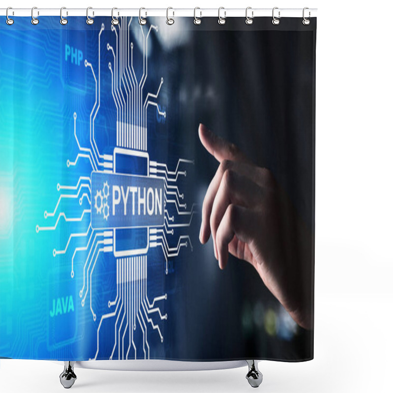 Personality  Python High-level Programing Language. Application And Web Development Concept On Virtual Screen. Shower Curtains