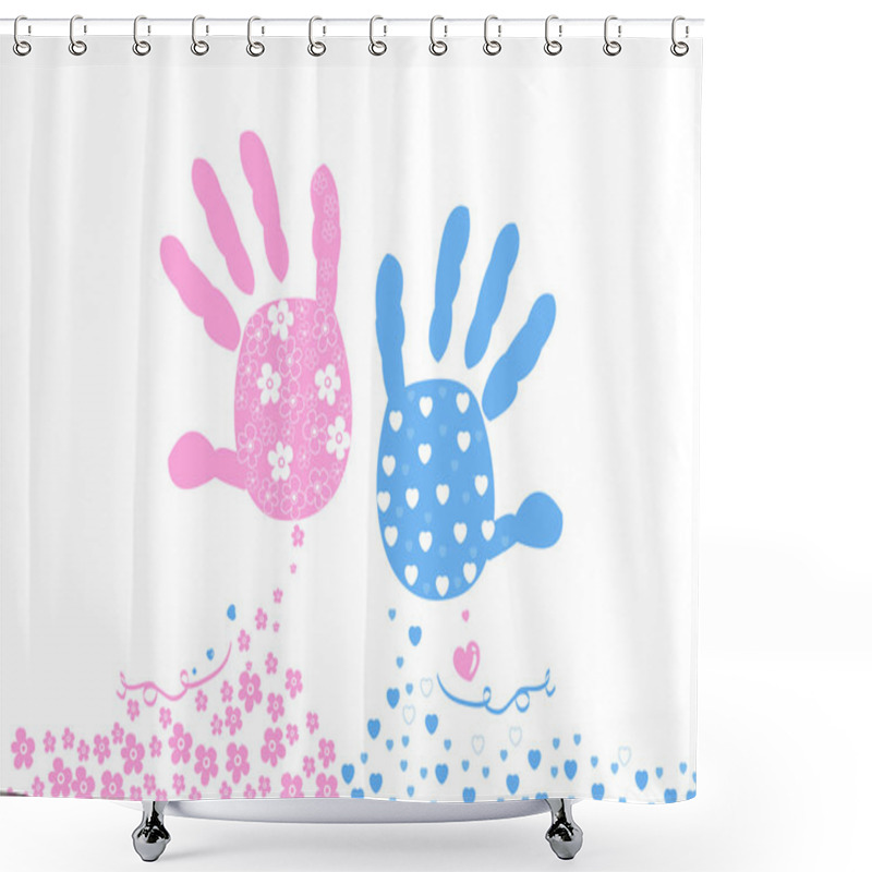 Personality  Twin Baby Boy And Girl. Baby Hand Prints. Baby Arrival Greeting Card Vector Shower Curtains