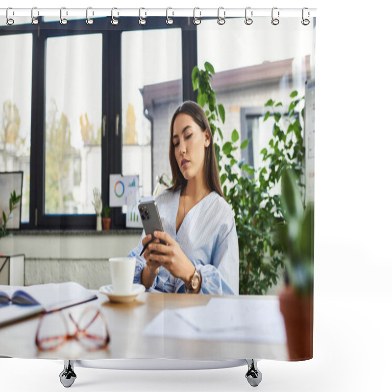 Personality  Young Woman With Brunette Hair Checks Her Smartphone While Savoring A Warm Coffee Beverage. Shower Curtains