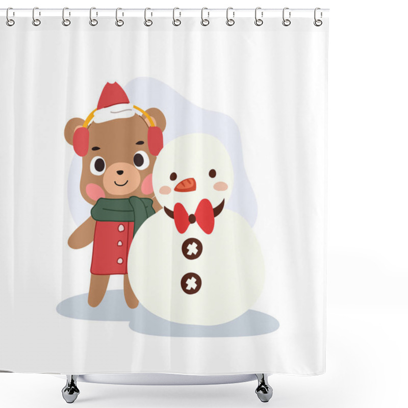 Personality  Cute Bear Cartoon With Snowman In Winter, Adorable Winter Characters And Snow Scene Shower Curtains