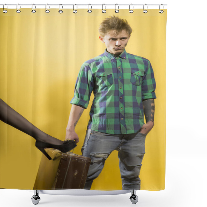 Personality  Serious Male Traveller With Suitcase Shower Curtains