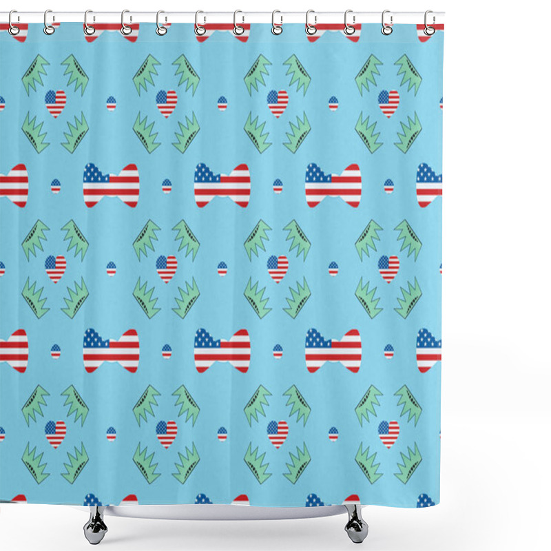 Personality  Seamless Background Pattern With Bow Ties, Hearts And Circles Made Of Us Flags And Crowns On Blue, Independence Day Concept Shower Curtains