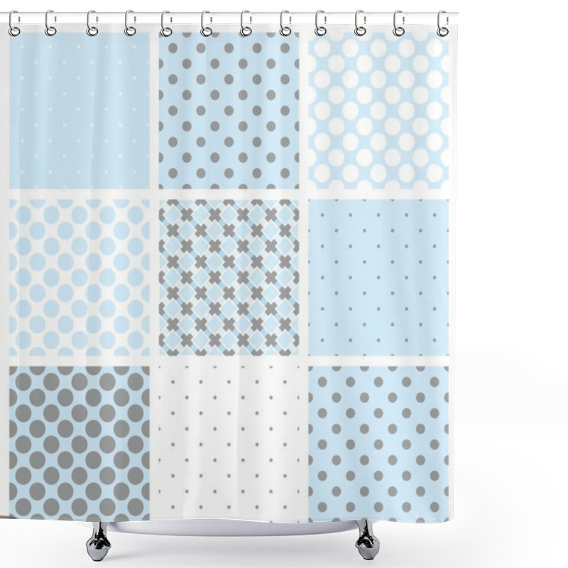 Personality  Tile Vector Pattern Set With Grey, Blue And White Plaid And Polka Dots Background Shower Curtains