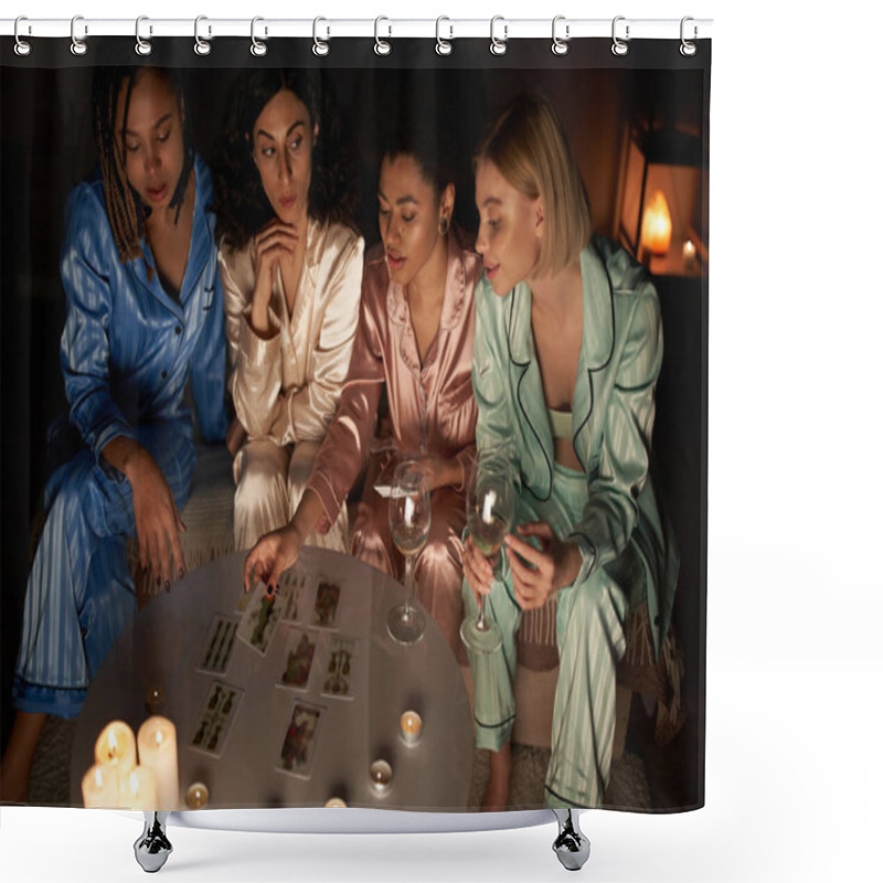 Personality  Divination, High Angle View Of Multiethnic Women In Pajamas Holding Wine And Looking At African American Friends With Tarot Cards Near Candles During Girls Night At Home, Bonding Time  Shower Curtains