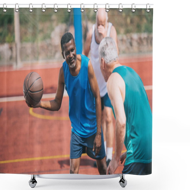 Personality  Multiracial Elderly Men Playing Basketball Together On Playground On Summer Day Shower Curtains