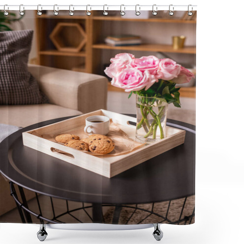 Personality  Square Wooden Box With Bunch Of Fresh Pink Roses In Glass, Cup Of Coffee And Cookies On Small Round Table In Home Environment Shower Curtains