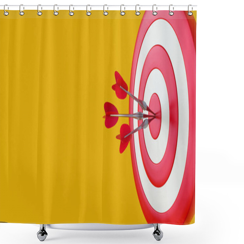 Personality  Close Up Red Dart Hitting Target On Yellow Background. Marketing Goal Concept. 3d Rendering. Shower Curtains