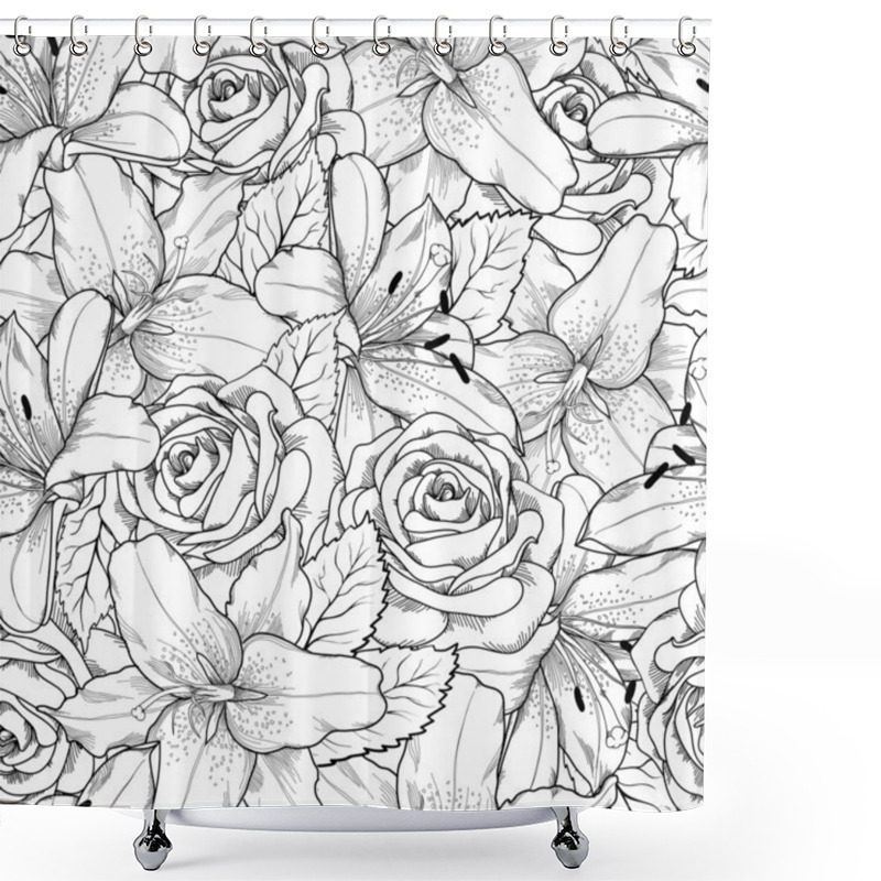 Personality  Beautiful Seamless Background With Black And White Lily And Roses Shower Curtains