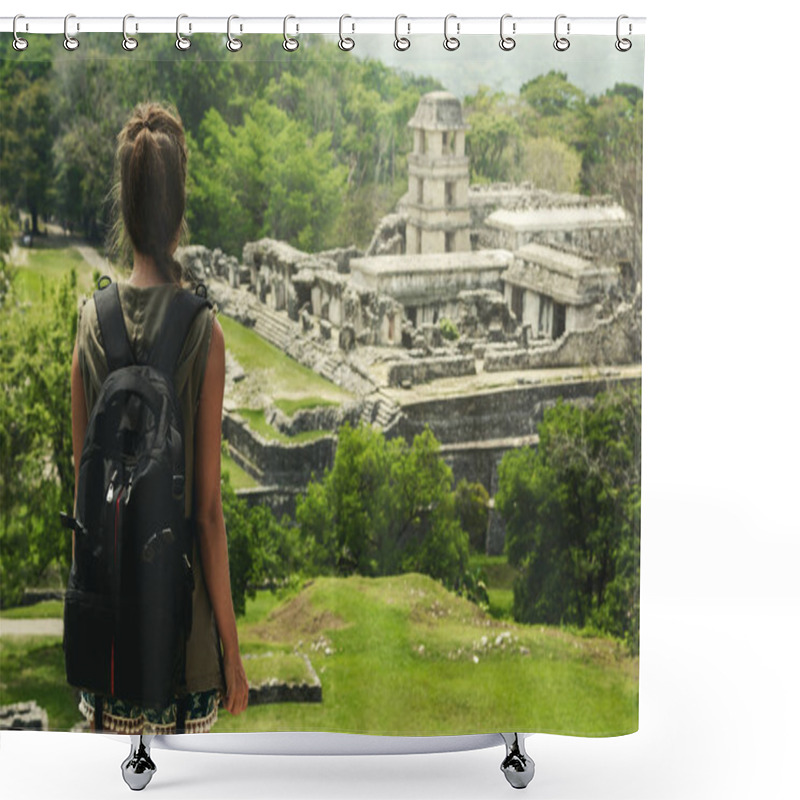 Personality  Hiker Woman With Backpack Looking At Ancient Mayan Ruins Shower Curtains