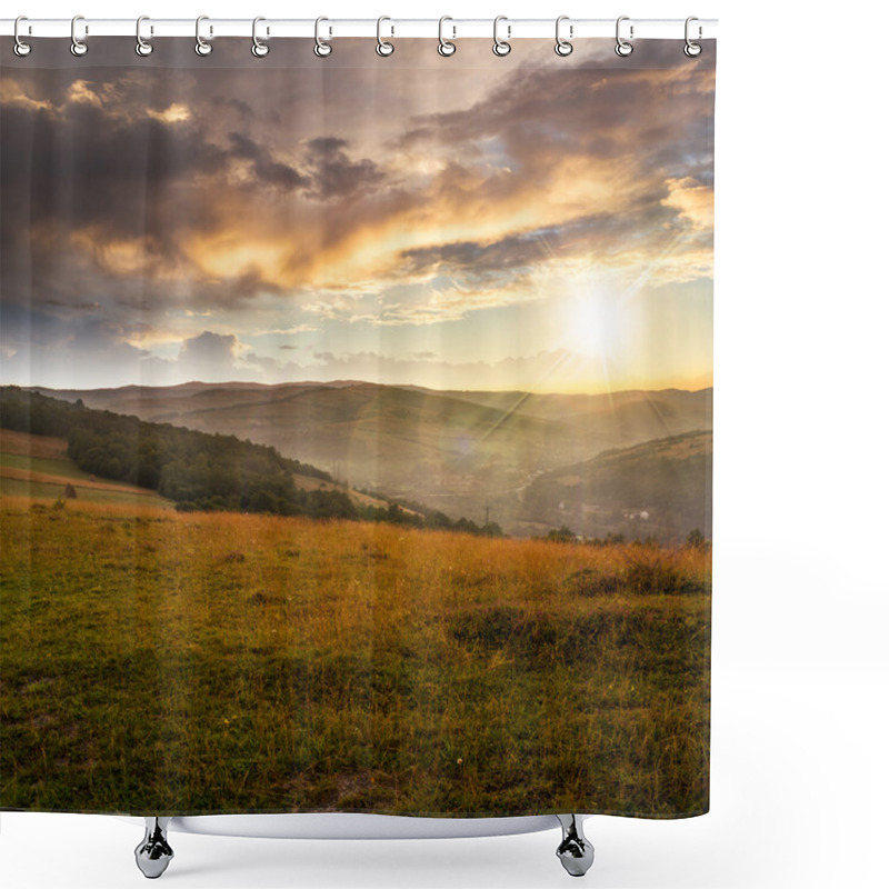 Personality  Field In Mountain Near Home At Sunset Shower Curtains