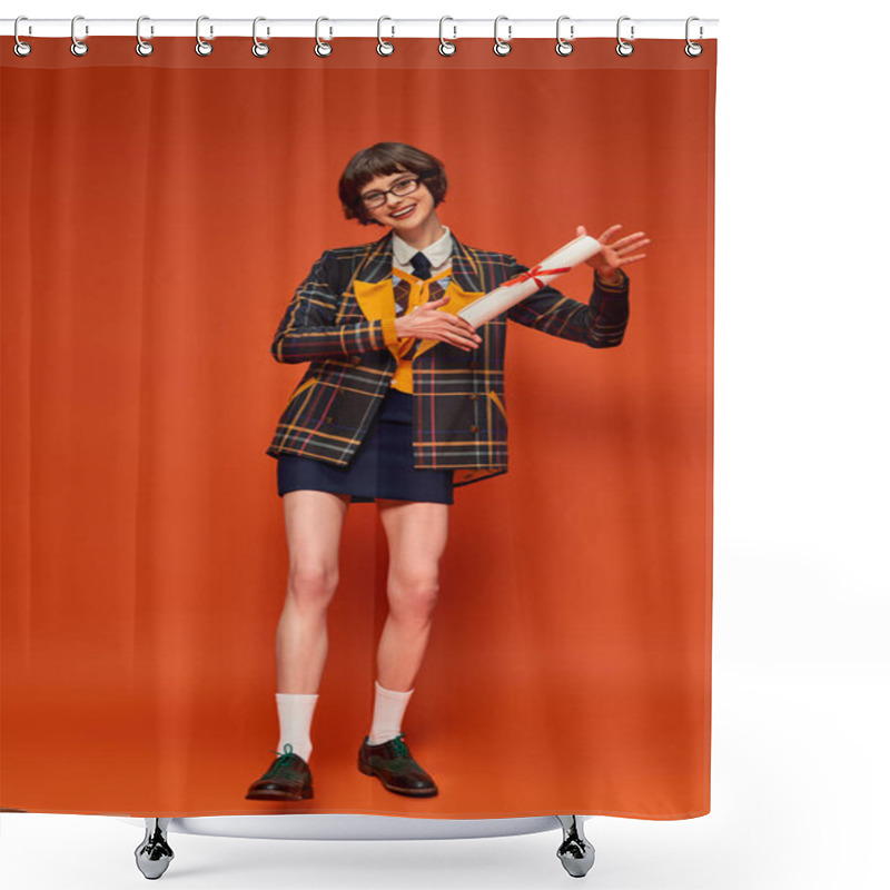 Personality  Excited Graduate College Girl In Uniform And Glasses Holding Her Diploma On Vibrant Orange Backdrop Shower Curtains