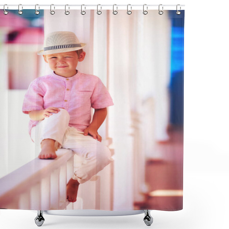 Personality  Cute Smiling Kid Sitting In Shadows On Summer Caribbean Street Shower Curtains