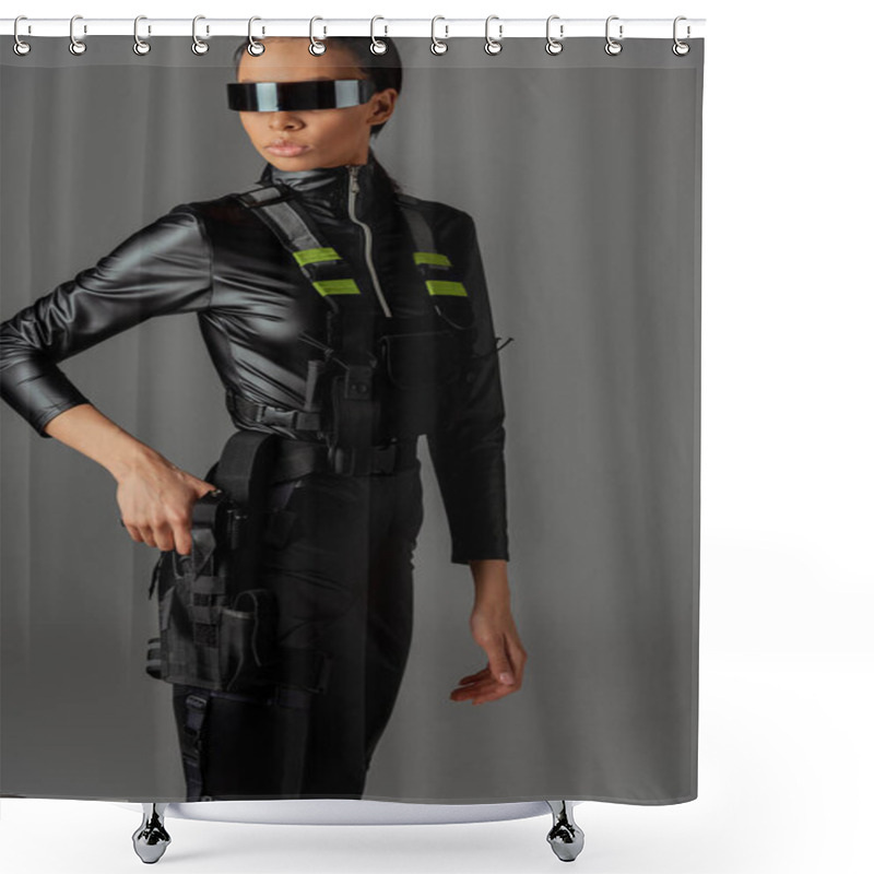 Personality  Attractive Futuristic African American Woman In Glasses With Gun Isolated On Grey Shower Curtains