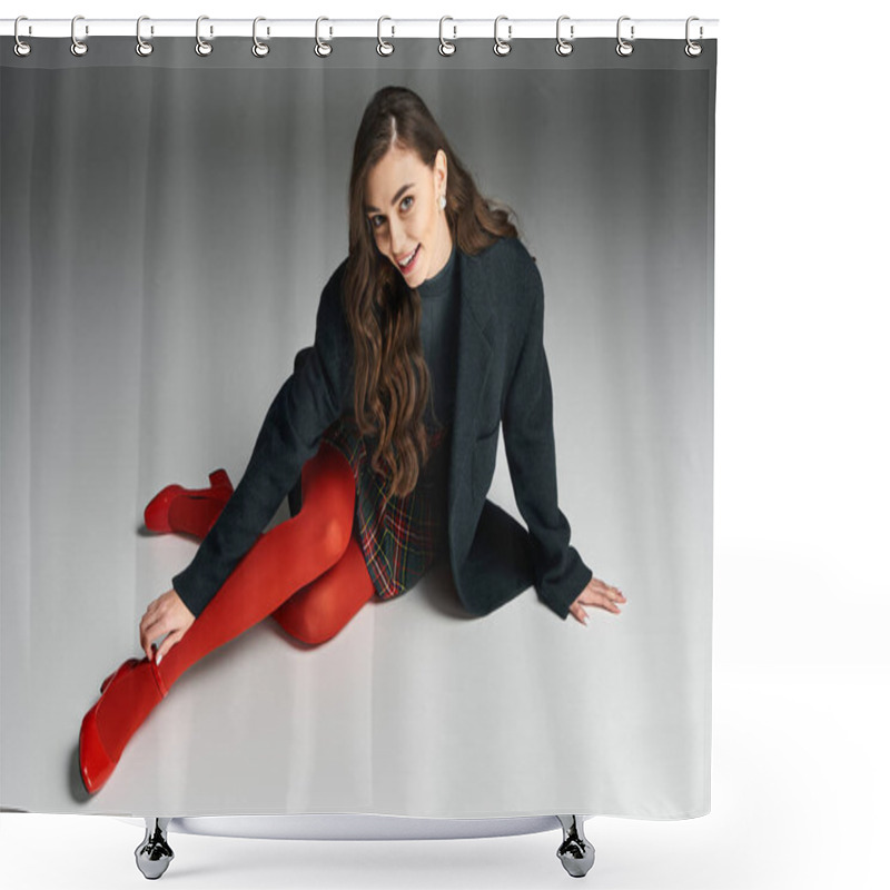 Personality  Stylish Young Woman Relaxes Gracefully On The Floor In A Trendy Outfit And Striking Red Shoes Shower Curtains