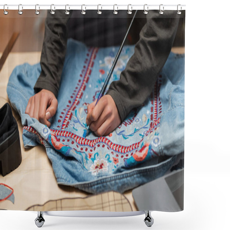 Personality  Cropped View Of African American Craftswoman Painting On Denim Jacket Near Blurred Laptop In Workshop  Shower Curtains