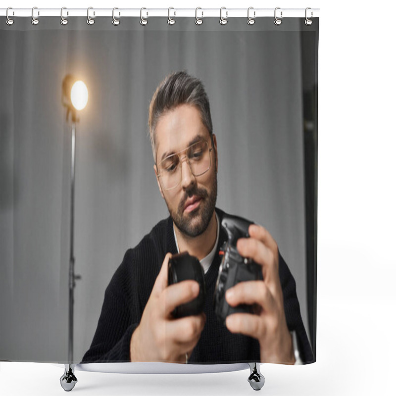 Personality  A Man Inspects His Camera Gear In A Bright Studio, Highlighting His Dedication. Shower Curtains