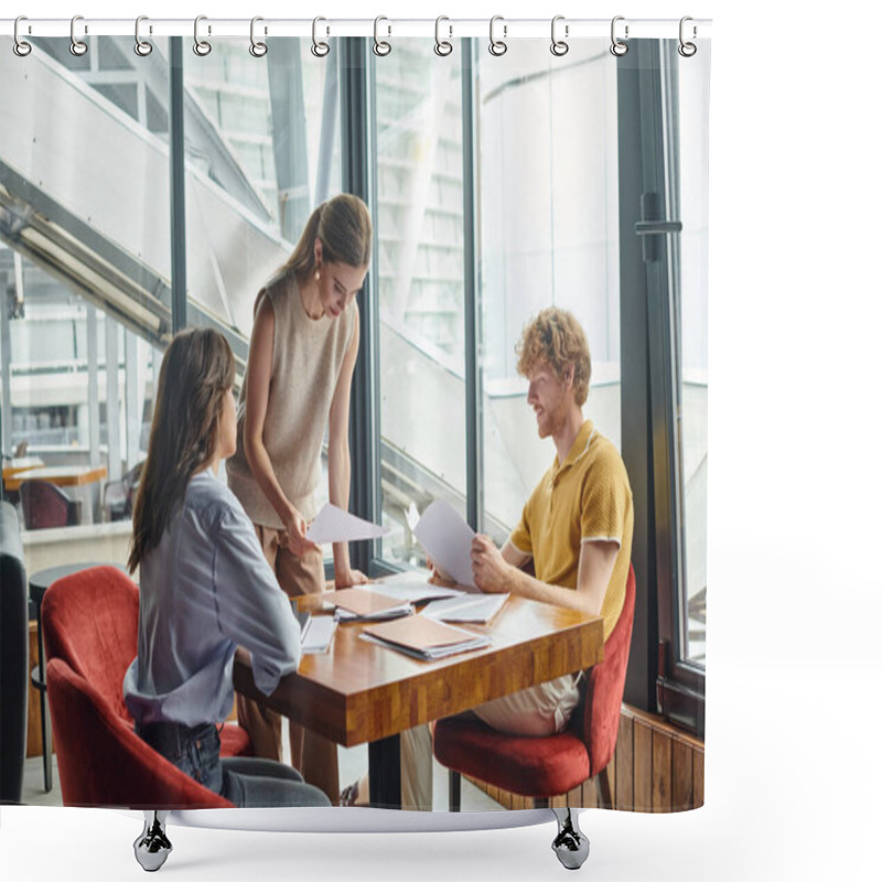 Personality  Three Young Colleagues In Smart Attire Working Hard With Documents With Glass Background, Coworking Shower Curtains