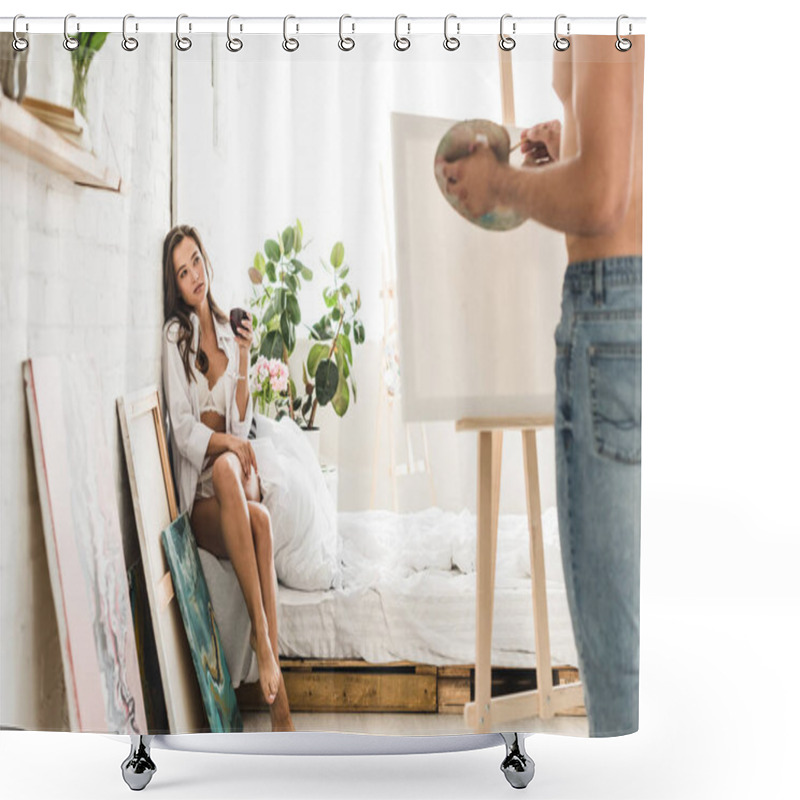 Personality  Selective Focus Of Girl Sitting In Bed With Wine And Shirtless Man Drawing Girlfriend Shower Curtains