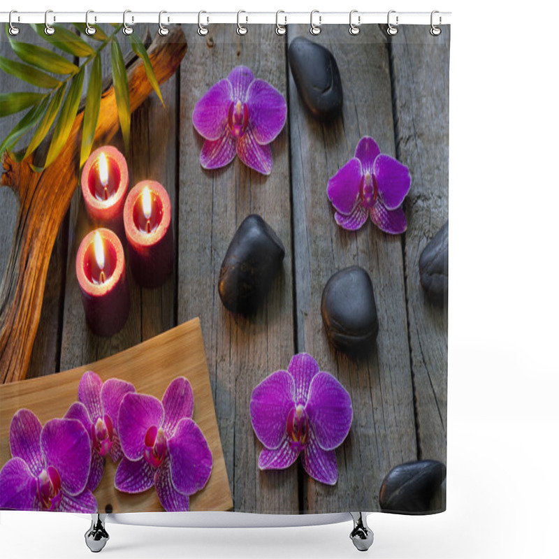 Personality  Spa Stones Orchids And Candle On Wooden Boards Shower Curtains