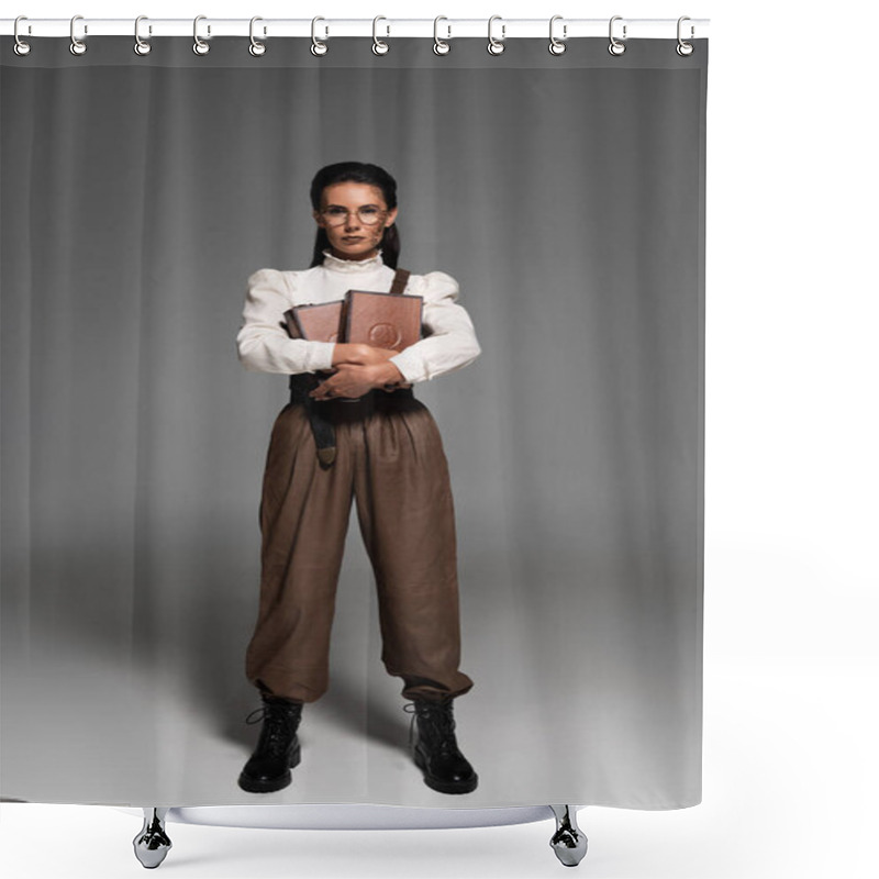 Personality  Full Length View Of Steampunk Woman Holding Books And Looking At Camera On Grey Shower Curtains