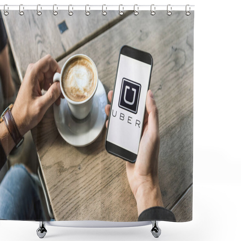 Personality  Cropped Shot Of Man With Cup Of Cappuccino Using Smartphone With Uber Logo On Screen Shower Curtains