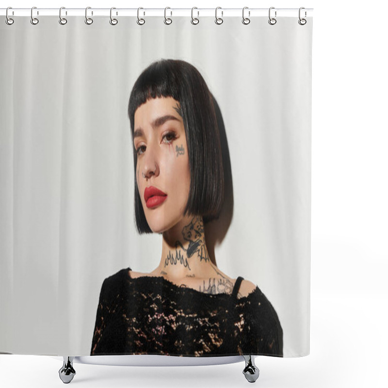 Personality  A Stylish Young Woman Poses Confidently, Highlighting Her Tattoos. Shower Curtains