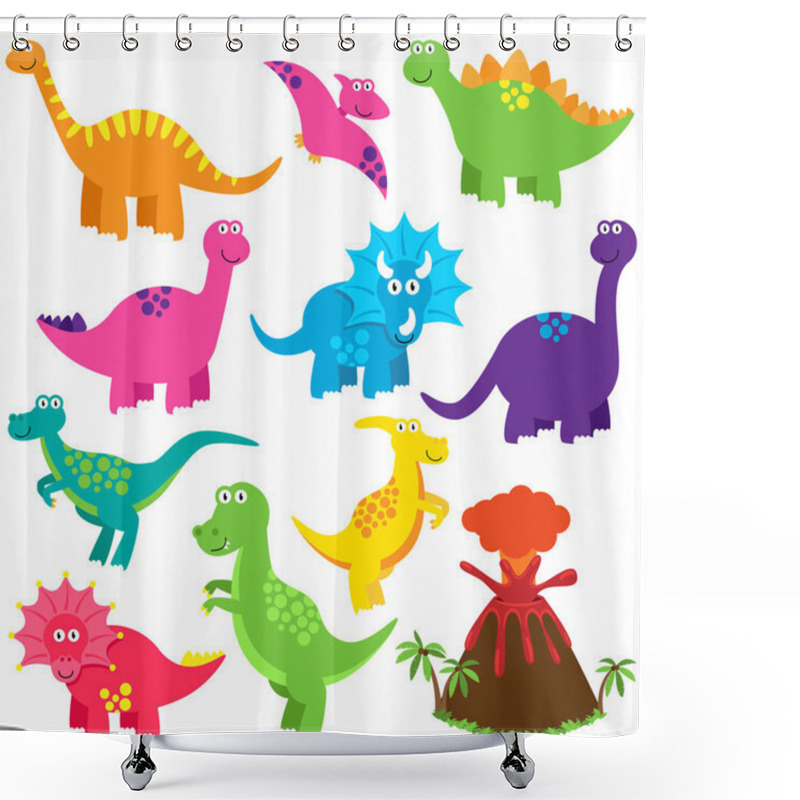 Personality  Vector Collection Of Cute Cartoon Dinosaurs And A Volcano Shower Curtains