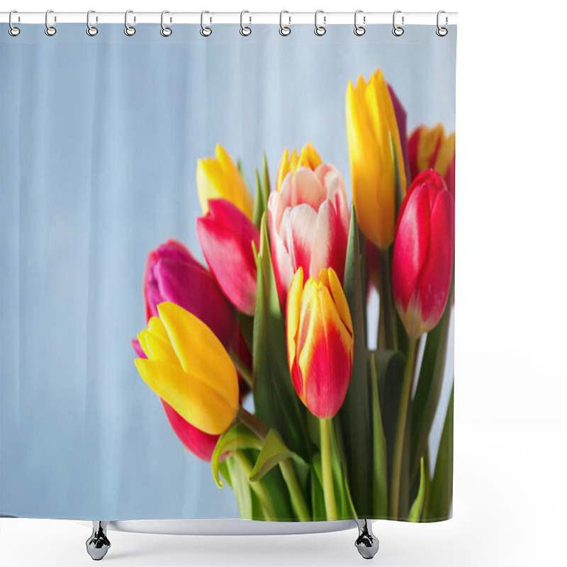 Personality  Beautiful Spring Tulips On Light Blue Background, Closeup Shower Curtains