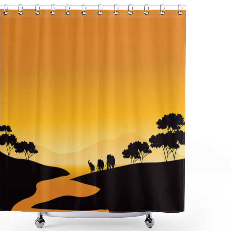 Personality  Family Elephant Of Silhouette In The River Shower Curtains