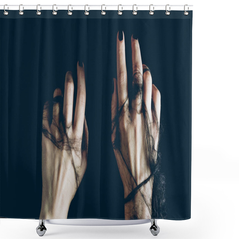 Personality  Close Up Of Female Hands In Black Spider Web Isolated On Black Shower Curtains