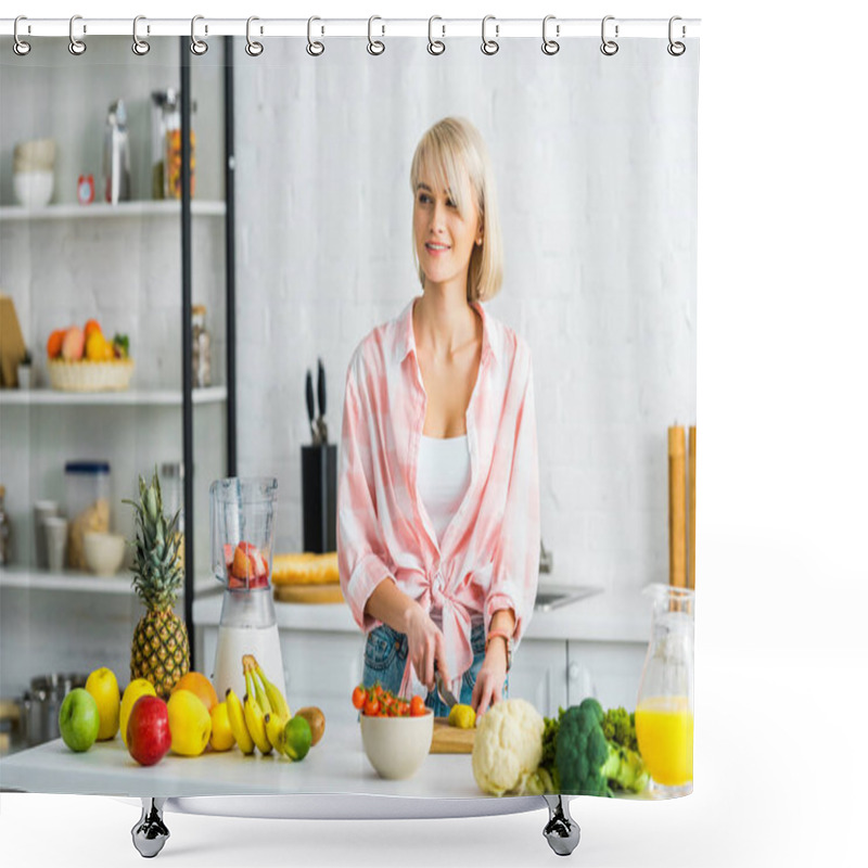 Personality  Young Woman Cutting Kiwi Fruit Near Ingredients In Kitchen Shower Curtains