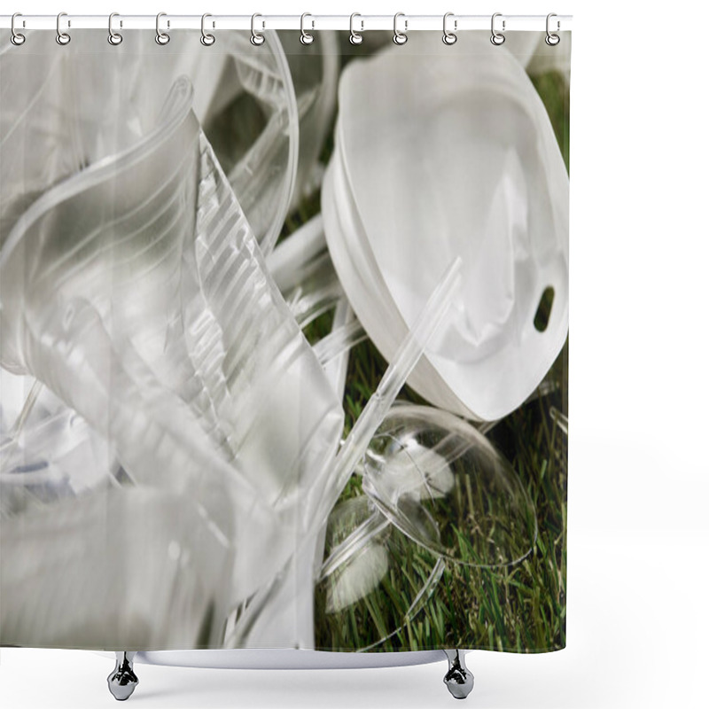 Personality  Close Up View Of Crumpled Plastic Cups And Rubbish On Grass Shower Curtains