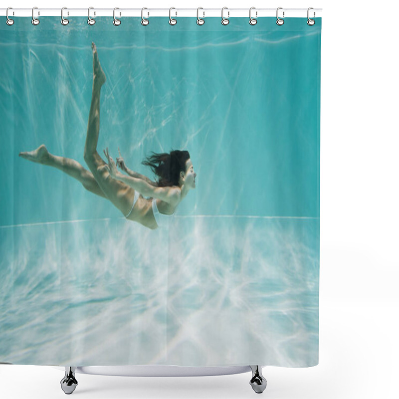 Personality  Brunette Woman In White Swimsuit Diving In Swimming Pool  Shower Curtains