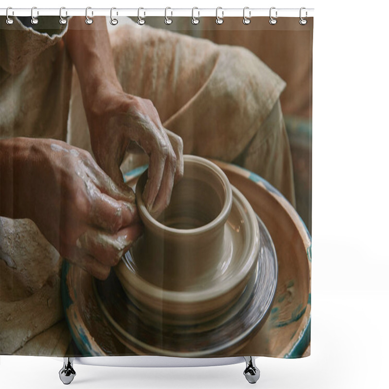 Personality  Partial View Of Male Craftsman Working On Potters Wheel At Pottery Studio Shower Curtains