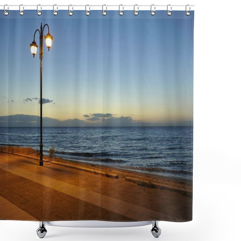 Personality  Seafront, Double Street Light, Sea, Greece, Europe Shower Curtains