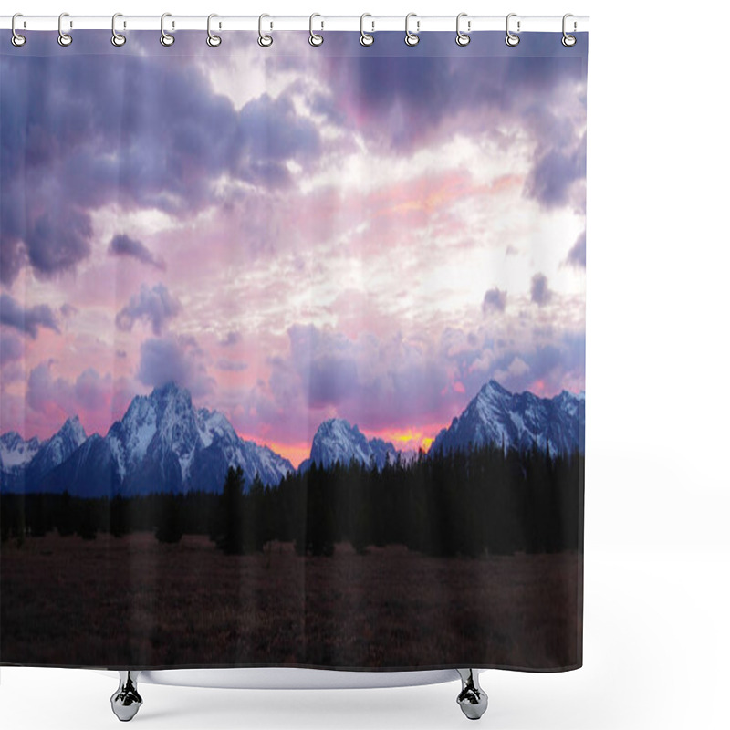 Personality  A Fiery Sunset Over The Majestic Peaks Of Grand Tetons National Park Shower Curtains