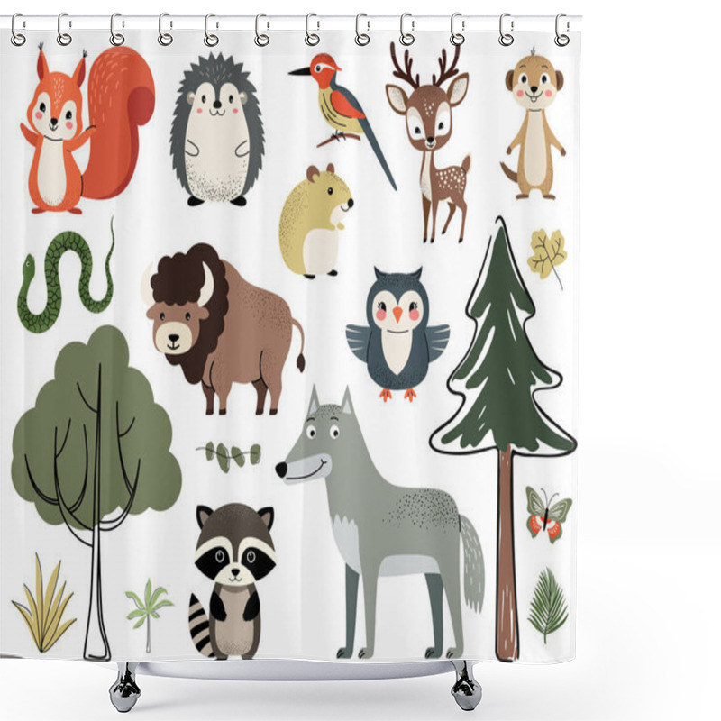 Personality  Woodland Animals And Trees. Cute Forest Animals. Squirrel, Woodpecker, Meerkat, Snake, Bison, Owl, Wolf, Raccoon. Shower Curtains