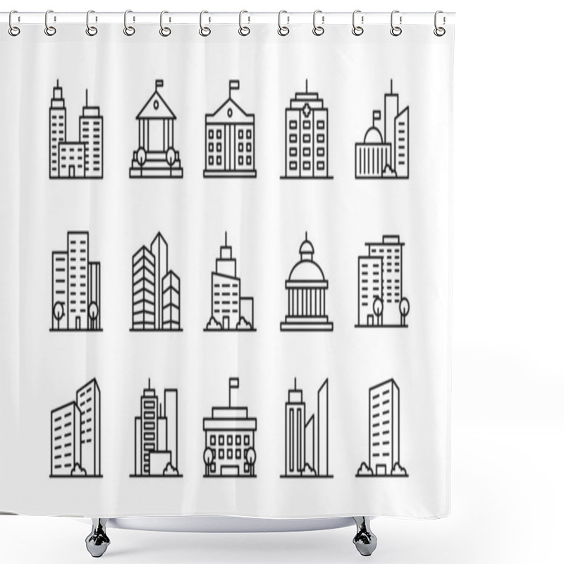 Personality  Big City Buildings Linear Icons Set. Urban Architecture. State Institutions, Religious And Cultural Monuments. Educational Centres And Residential Buildings Pack Isolated On White Background. Shower Curtains