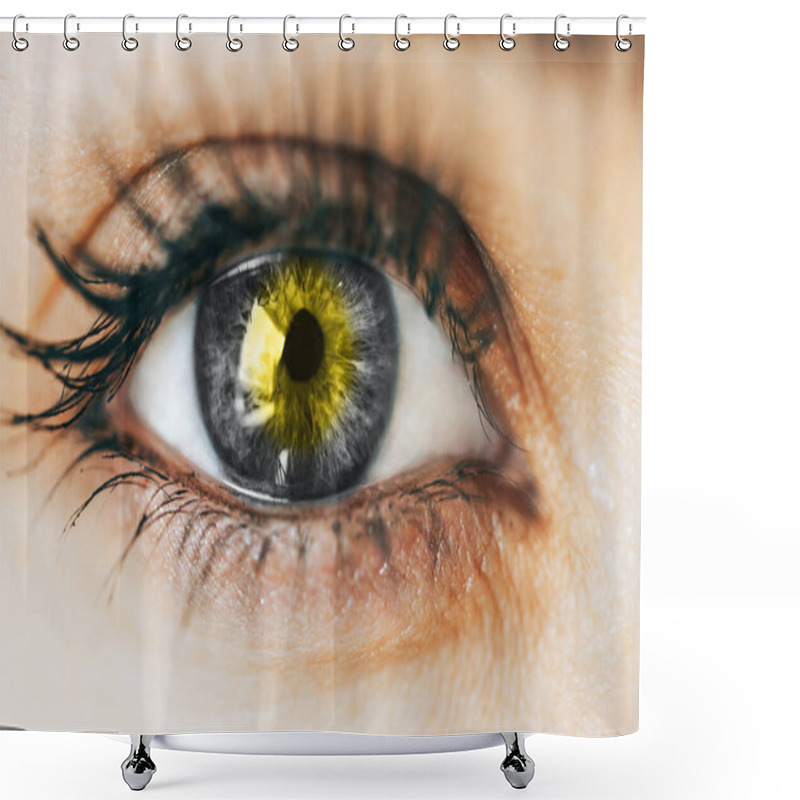 Personality  Close Up Gray Eye With Yellow Illuminating In Centre, Concept Photo Of Year Color, 2021. Shower Curtains