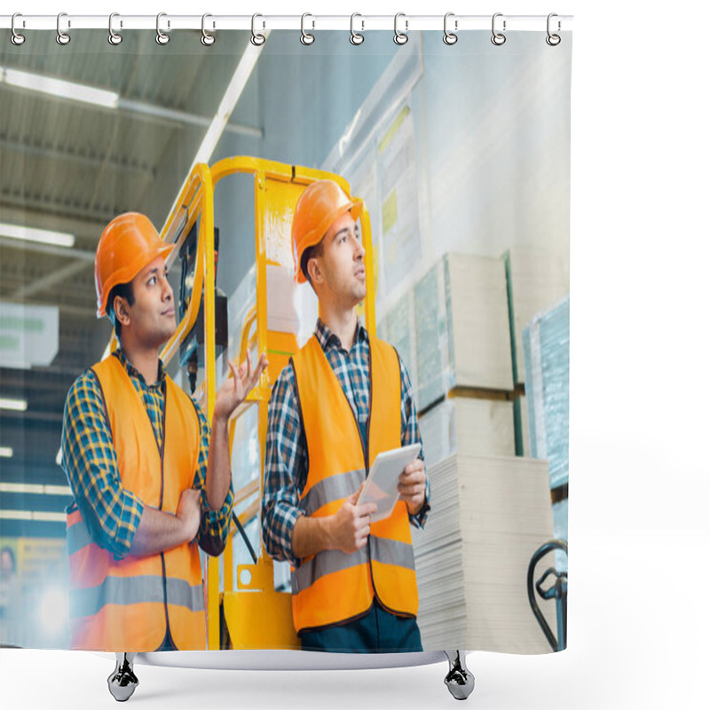 Personality  Selective Focus Of Multicultural Workers Looking Away In Warehouse Shower Curtains