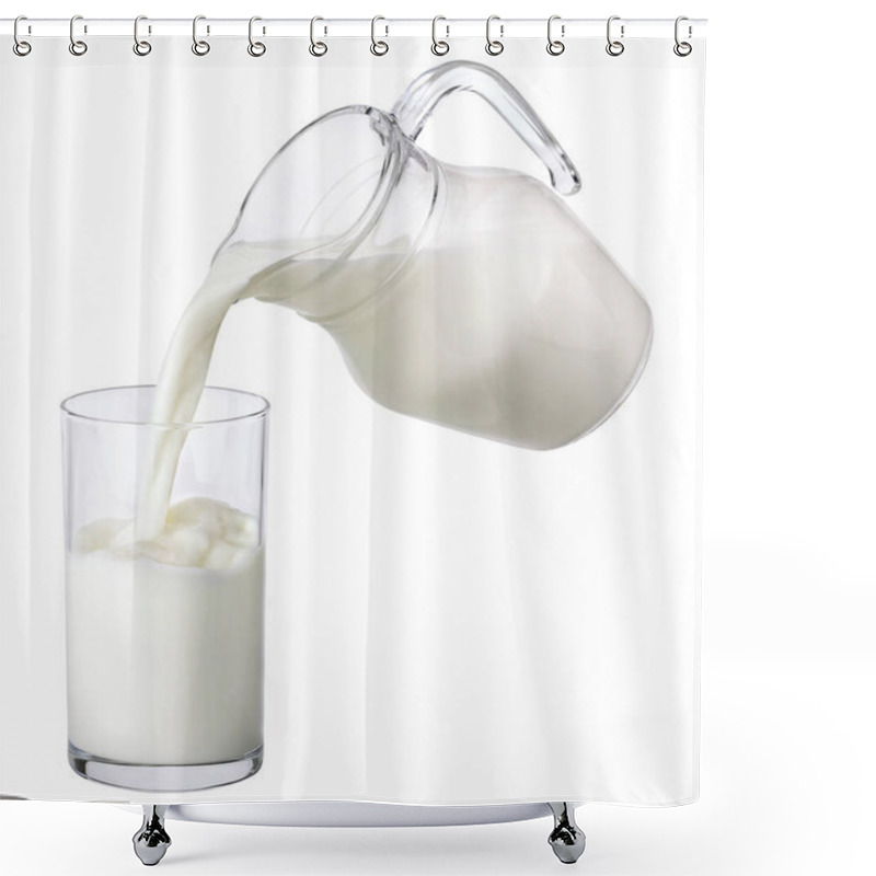 Personality  Pouring Milk From Jug Into Glass With Splash Isolated On White Background Shower Curtains