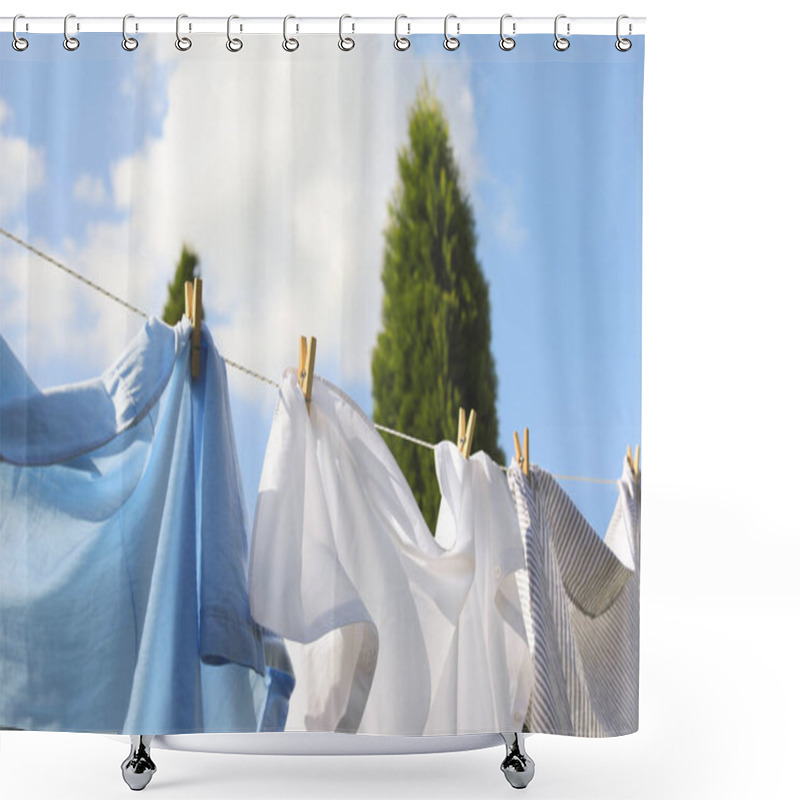 Personality  Clean Clothes Hanging On Washing Line Outdoors, Closeup. Drying Laundry Shower Curtains