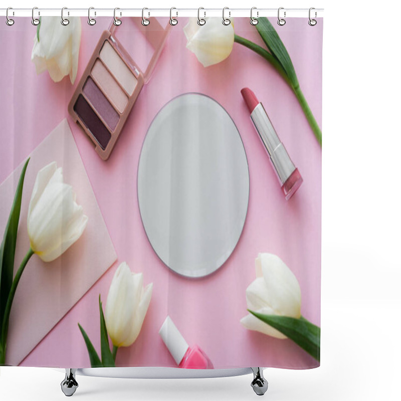 Personality  Top View Of White Tulips On Envelope Near Decorative Cosmetics On Pink Shower Curtains