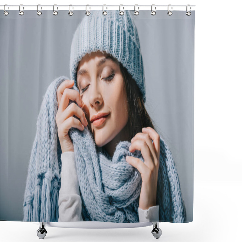 Personality  Tender Girl Posing With Closed Eyes In Blue Knitted Hat And Scarf, Isolated On Grey Shower Curtains