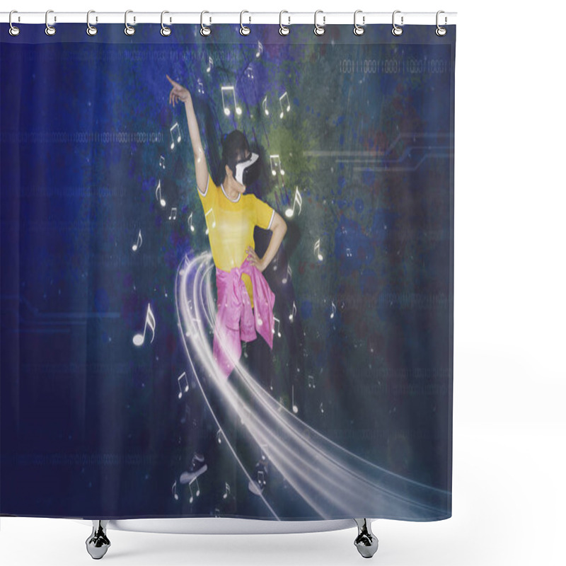 Personality  Female Dancer Dancing In The Studio While Wearing Virtual Reality Glasses Shower Curtains