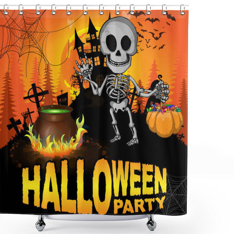 Personality  Halloween Party Design Template With Skeleton. Vector Illustration. Shower Curtains